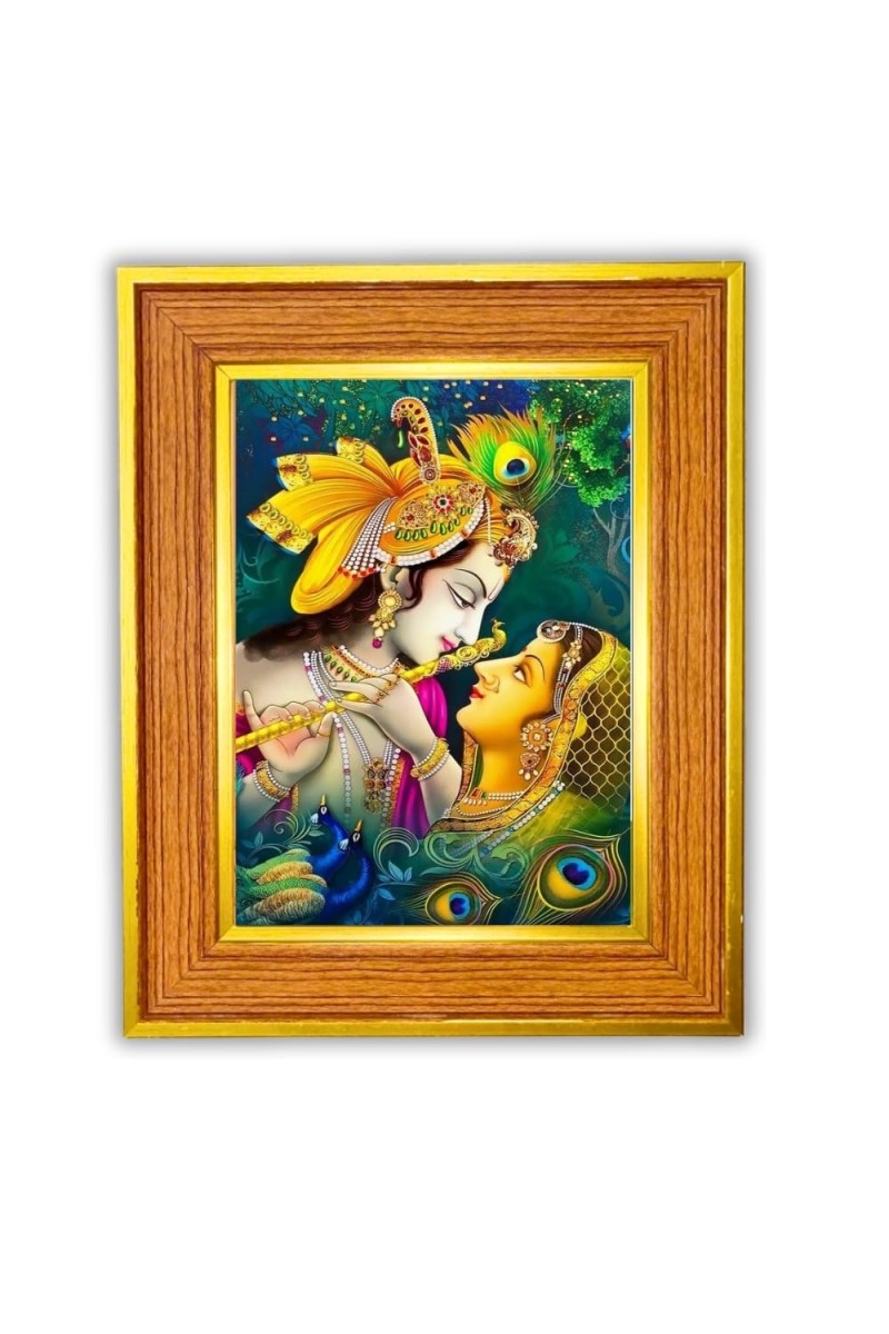 Radha Krishna Photo Frame 10x14 Inches-Brown Wooden Frame For Home, Office & Temple Decoration And Gifting (F6435)