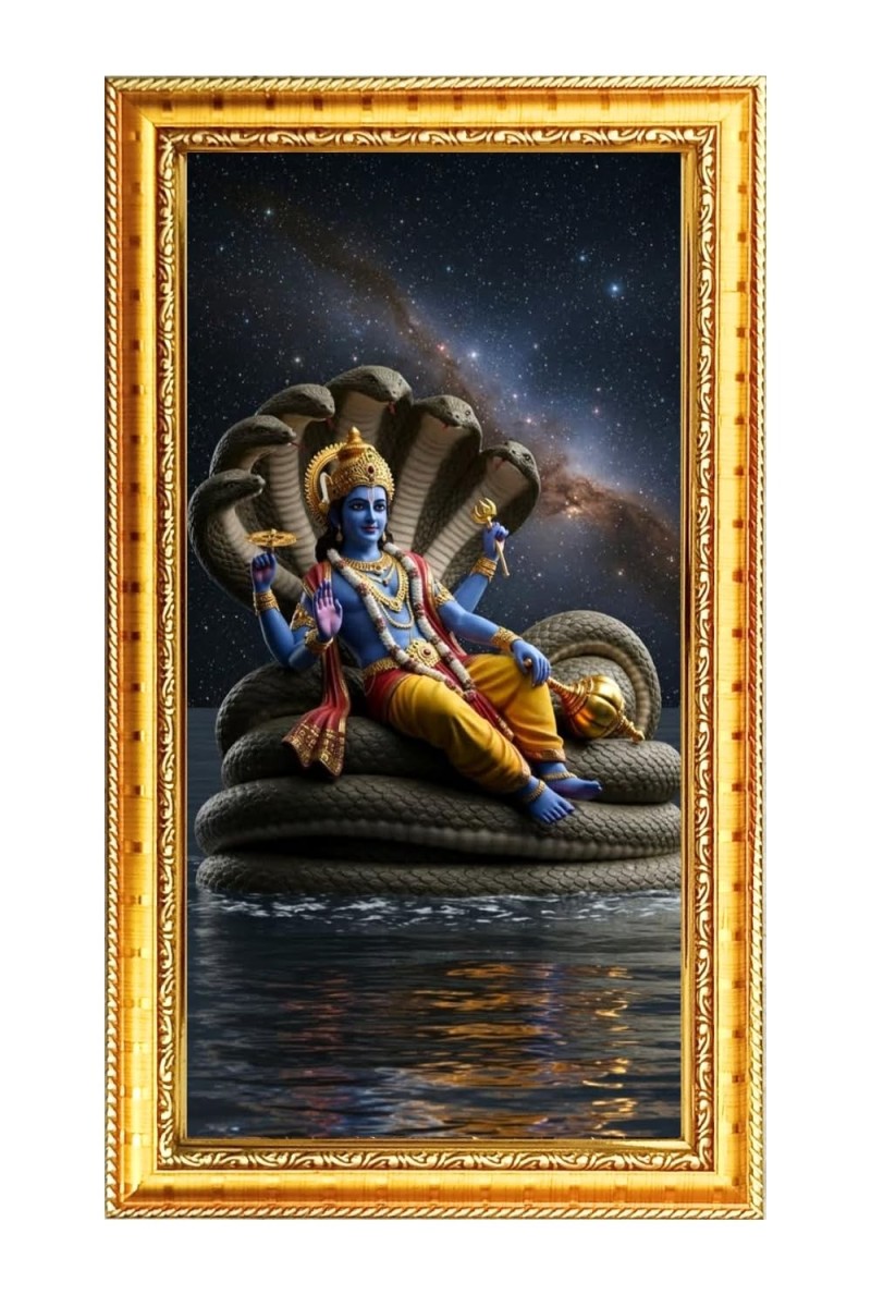 Lord Vishnu Digital Golden Color Photo Frame | Hindu Religious Wall Decor | 8x15 Inches - Inspirational Wall Art For Office, Home Decor - Ideal Spiritual Gift (F10312)