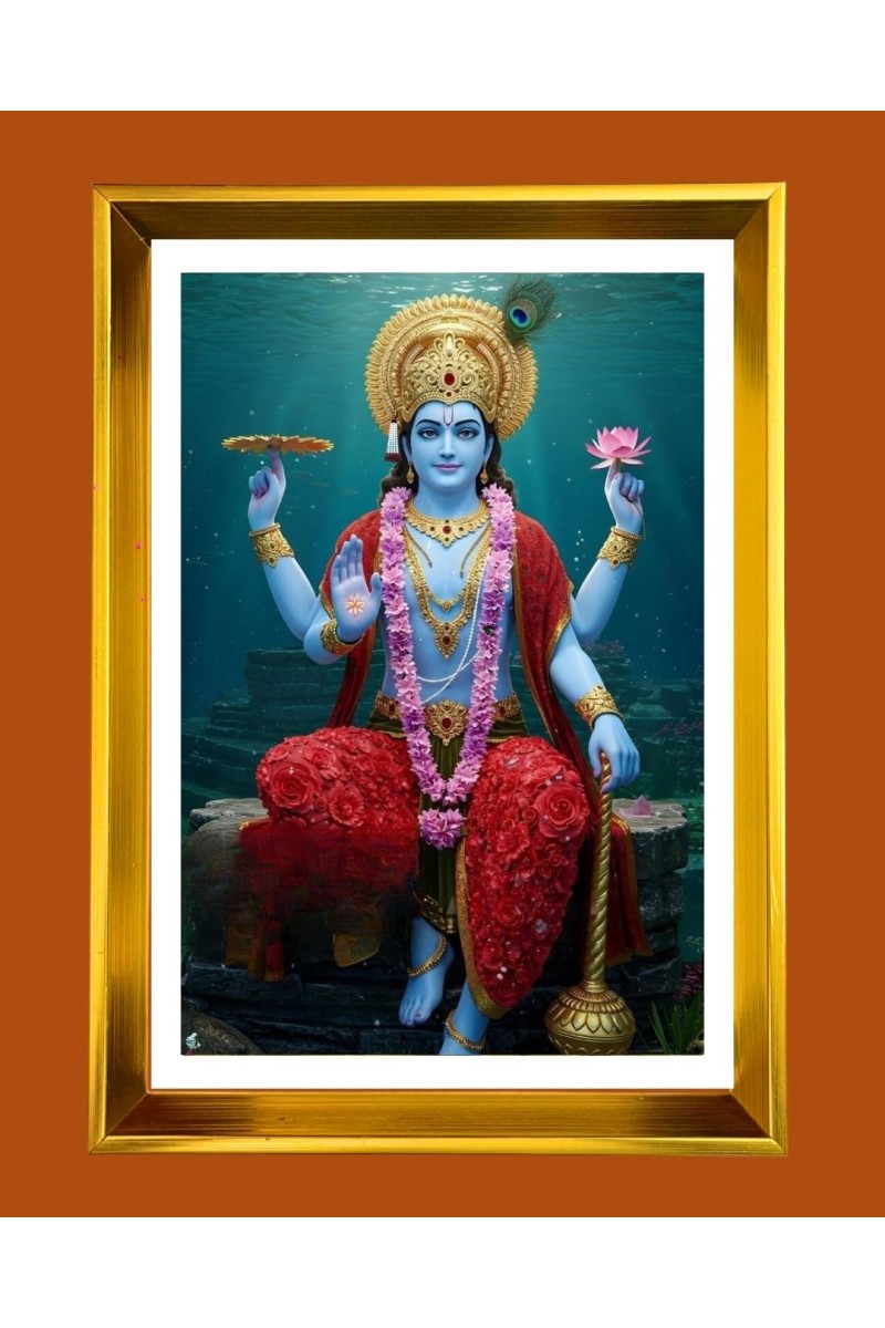 Lord Vishnu Golden Photo Frame - 16x20 Inches | Elegant Wooden Frame For Home, Office & Temple Decoration | Spiritual Wall & Table Decor And Gift Item (F9426)