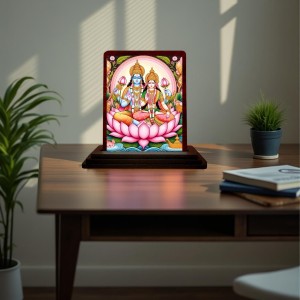 Car Desk/Table Top Lord Vishnu Lakshmi Wooden Photo Stand 3x4 Inches, Compact & Stylish Spiritual Display For Car, Home & Office (Pack Of 1) (F14443)