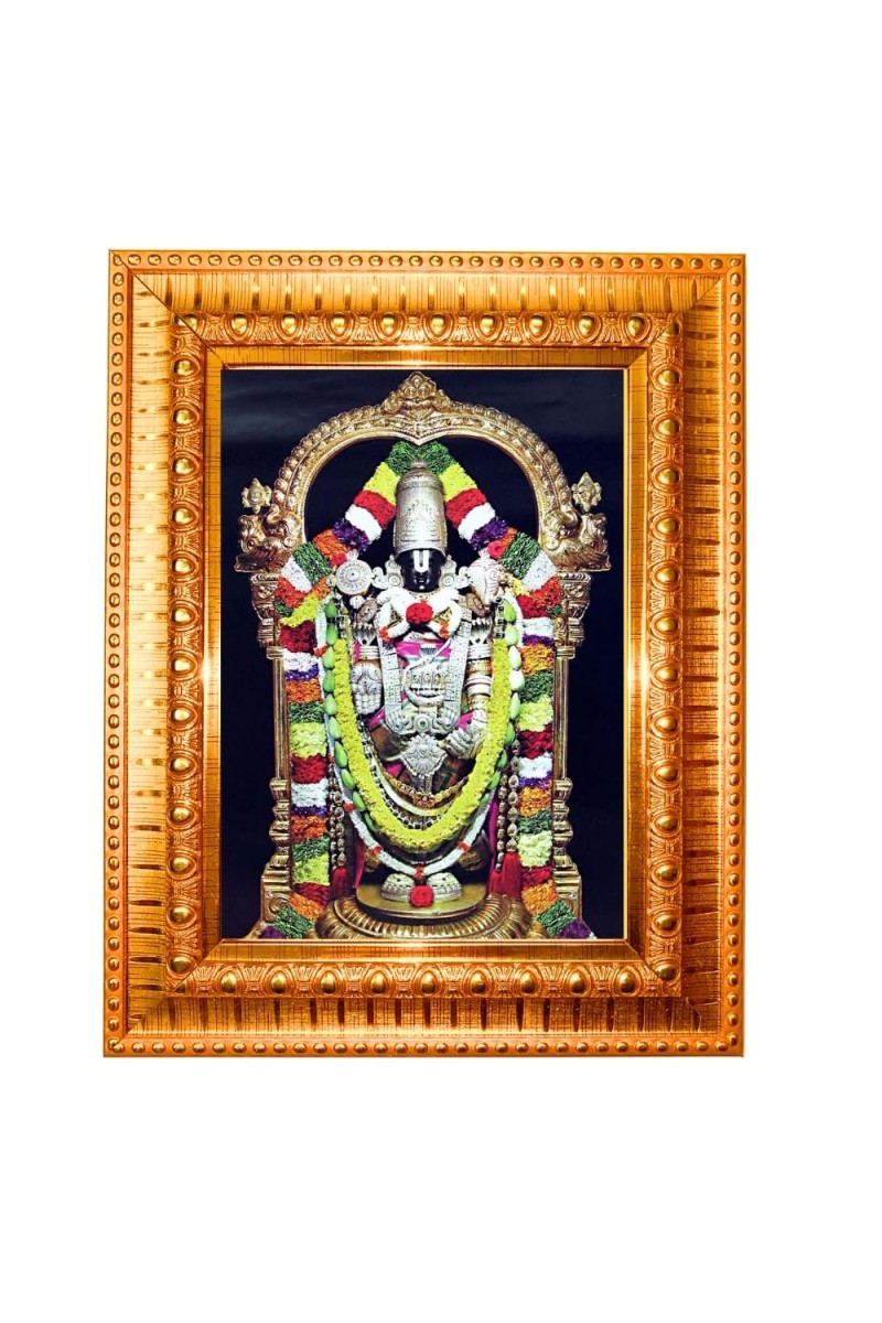 Tirupati Balaji Golden Designer Photo Frame | 10x14 Inch Religious Wall Hanging Frame For Home & Office Decoration | Hindu Deity Tirupati Balaji Spiritual Gift Item