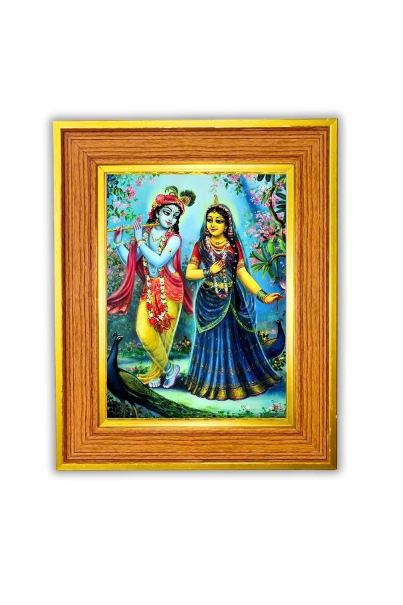 Goddess Radha And Krishna Photo Frame 10x14 Inches-Brown Wooden Frame For Home, Office & Temple Decoration And Gifting (F6437)