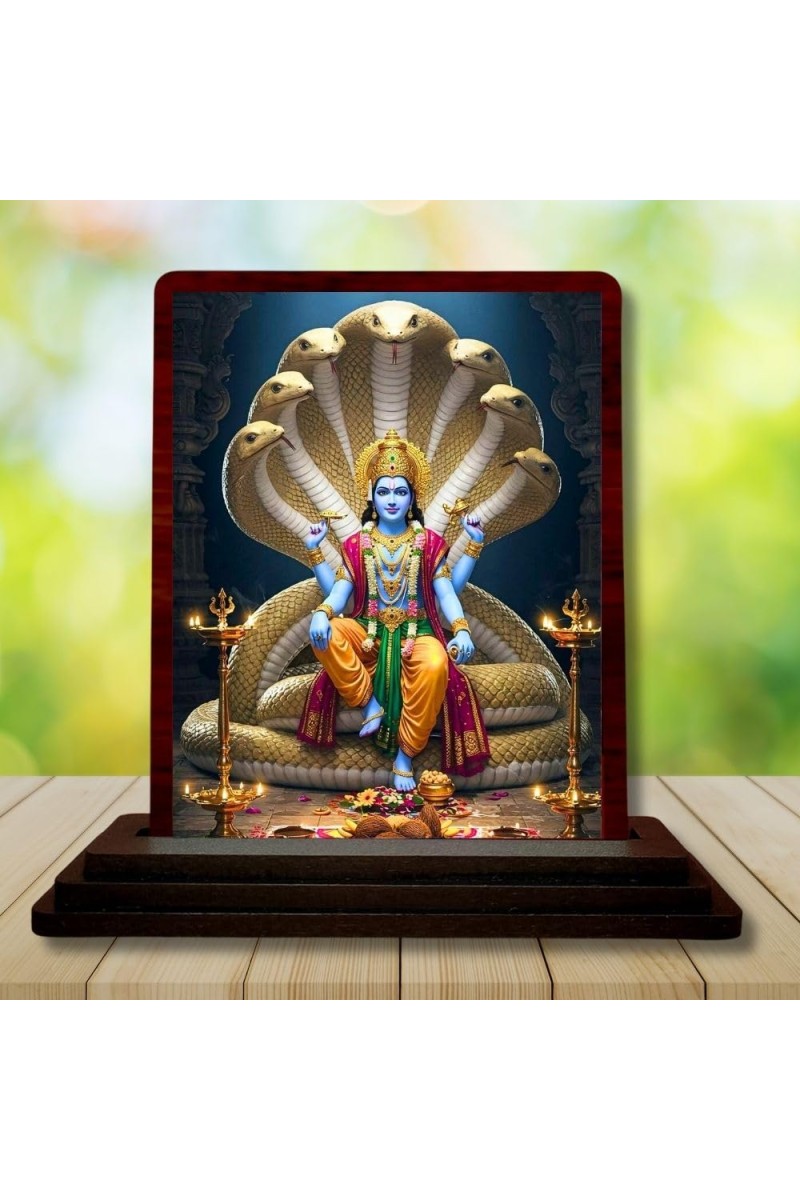 Car Desk/Table Top Lord Vishnu Wooden Photo Stand 3x4 Inches, Compact & Stylish Spiritual Display For Car, Home & Office (Pack Of 1) (F14535)