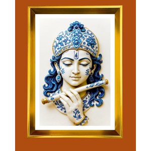 Divine Krishna Golden Photo Frame - 10x14 Inches | Elegant Wooden Frame For Home, Office & Temple Decoration | Spiritual Wall & Table Decor and Gift Item
