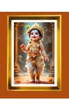 Little Krishna Golden Photo Frame - 10x14 Inches | Elegant Wooden Frame For Home, Office & Temple Decoration | Spiritual Wall & Table Decor and Gift Item