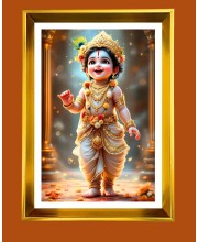 Little Krishna Golden Photo Frame - 10x14 Inches | Elegant Wooden Frame For Home, Office & Temple Decoration | Spiritual Wall & Table Decor and Gift Item