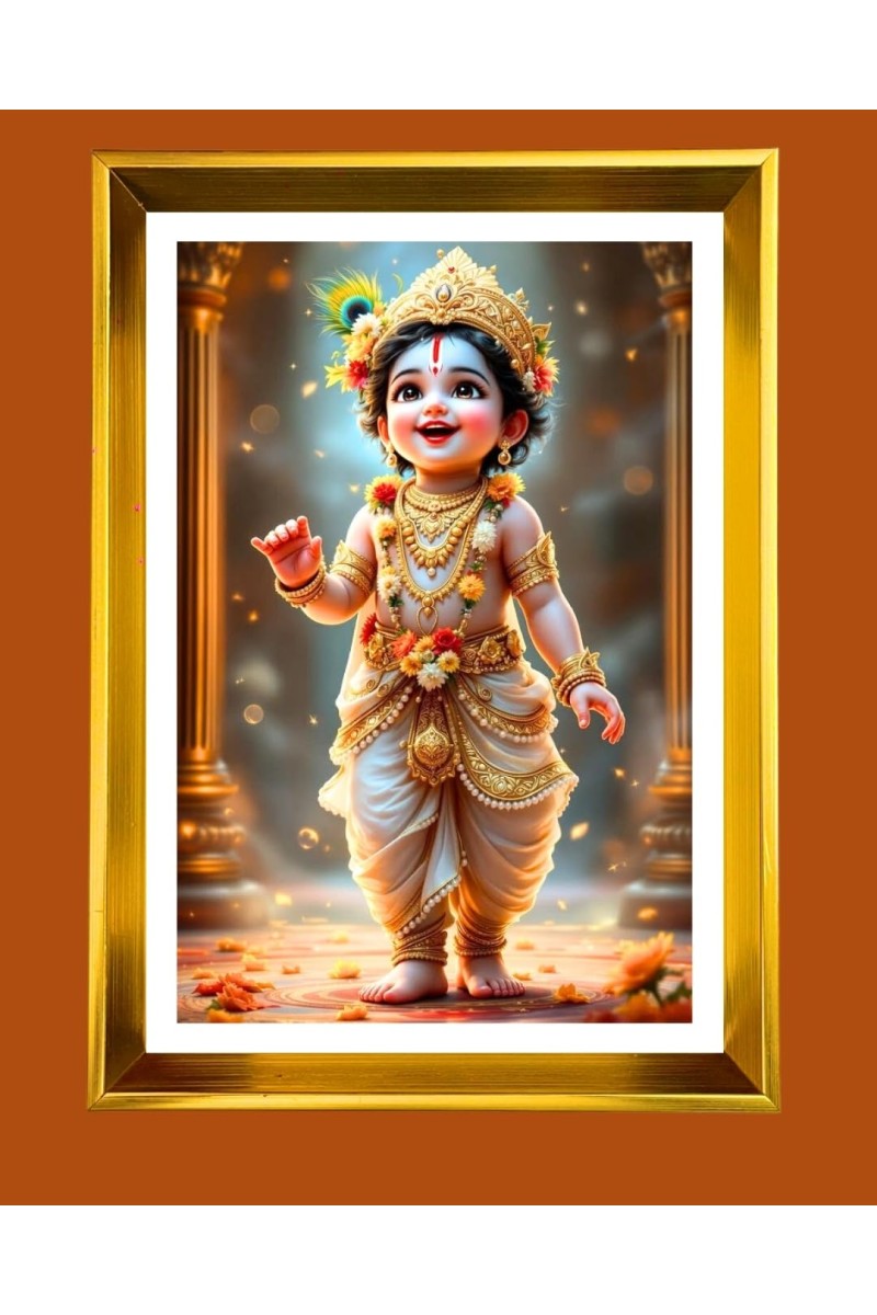 Little Krishna Golden Photo Frame - 10x14 Inches | Elegant Wooden Frame For Home, Office & Temple Decoration | Spiritual Wall & Table Decor and Gift Item