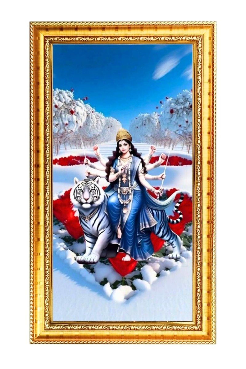 Mata Durga Digital Golden Color Photo Frame | Hindu Religious Wall Decor | 8x15 Inches - Inspirational Wall Art For Office, Home Decor - Ideal Spiritual Gift (F10363)