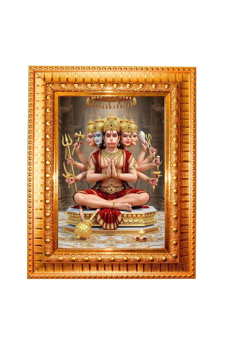Jay Bajrangbali Golden Designer Photo Frame | 18x22 Inch Religious Wall Hanging Frame For Home & Office Decoration | Hindu Deity Spiritual Gift Item