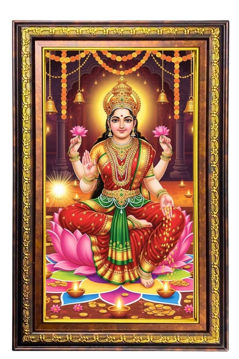 Goddess Lakshmi Digital Golden Balck Color Photo Frame | Hindu Religious Wall Decor | 10x16 Inches - Inspirational Wall Art For Office, Home Decor - Ideal Spiritual Gift (F16494)