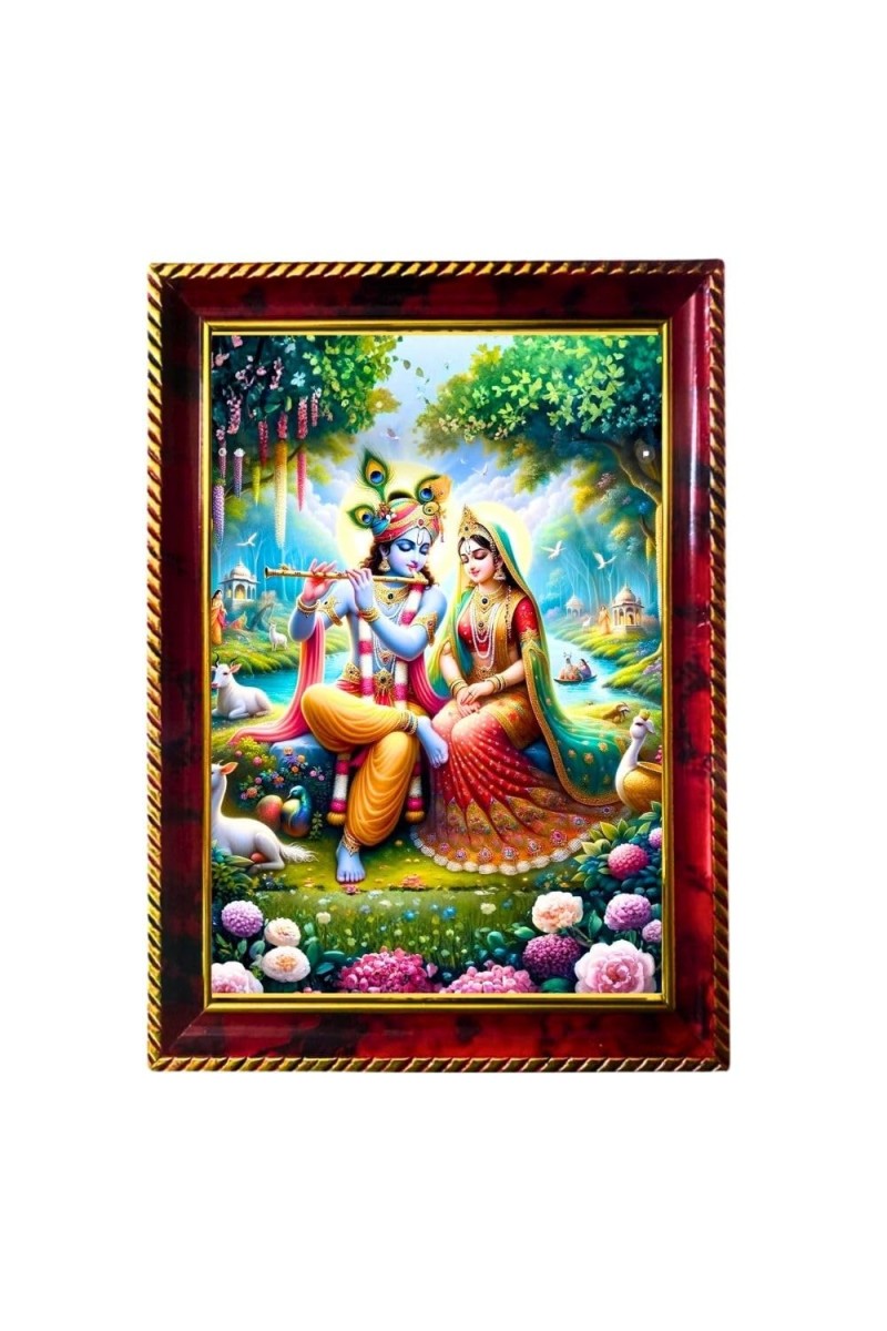 Radha And Krishna Photo Frame For Wall & Table | 7x9 Inch Golden Cherry Finish | Decorative Radha And Krishna Photo Frame For Home, Office & Pooja Room (F11398)