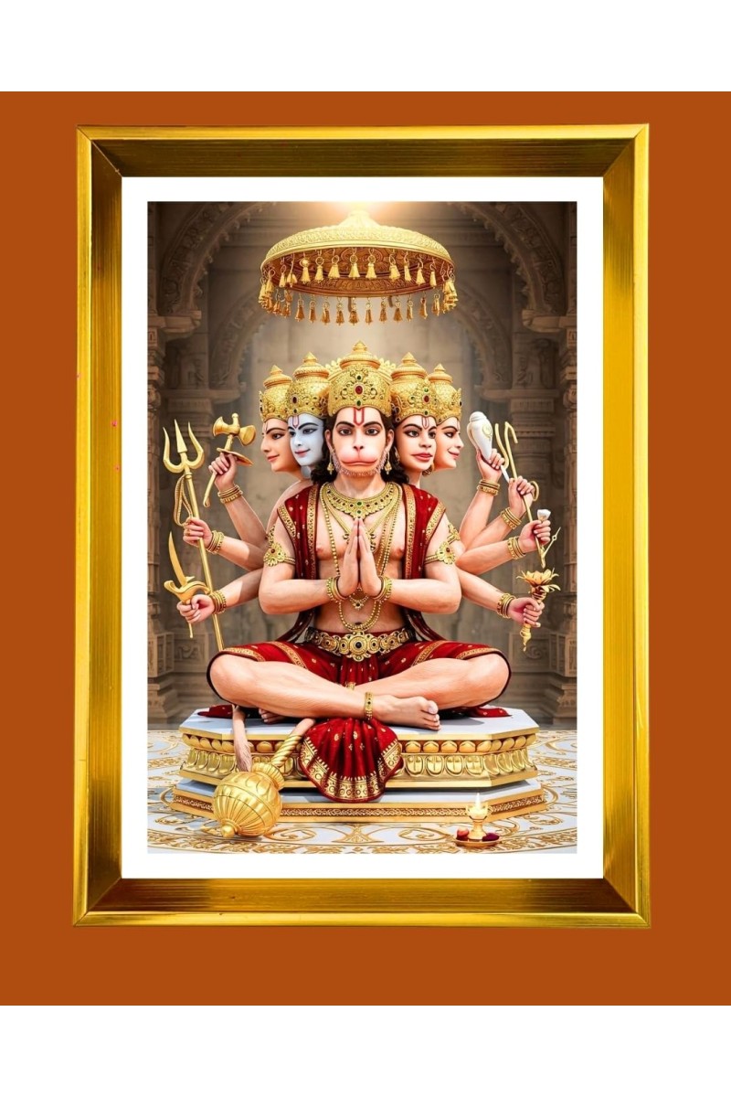 Lord Hanuman Golden Photo Frame - 10x14 Inches | Elegant Wooden Frame For Home, Office & Temple Decoration | Spiritual Wall & Table Decor and Gift Item