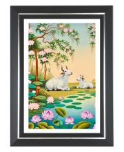 Pichwai Cow And Lotus Photo Wall & Table Frame | 10x14 Inch Black Designer | Perfect For Gifting & Home Decor (F9661)