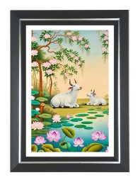 Pichwai Cow And Lotus Photo Wall & Table Frame | 10x14 Inch Black Designer | Perfect For Gifting & Home Decor (F9661)