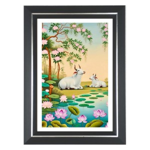 Pichwai Cow And Lotus Photo Wall & Table Frame | 10x14 Inch Black Designer | Perfect For Gifting & Home Decor (F9661)