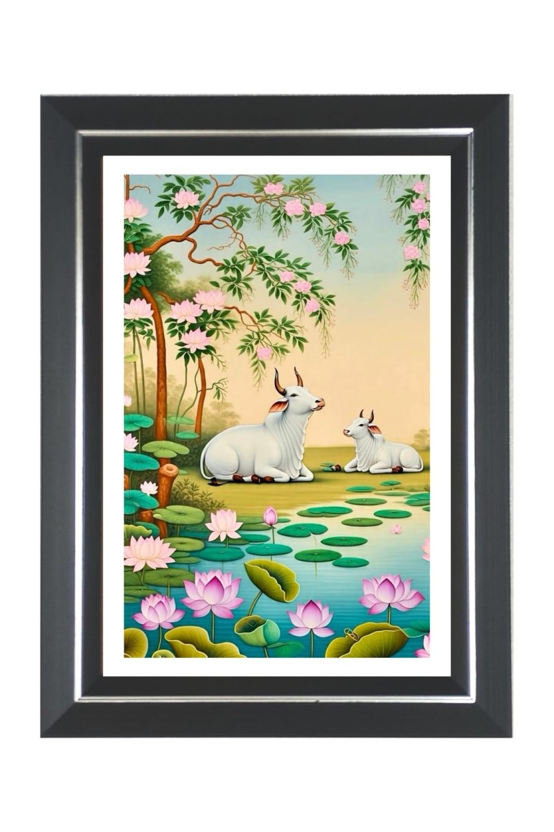 Pichwai Cow And Lotus Photo Wall & Table Frame | 10x14 Inch Black Designer | Perfect For Gifting & Home Decor (F9661)