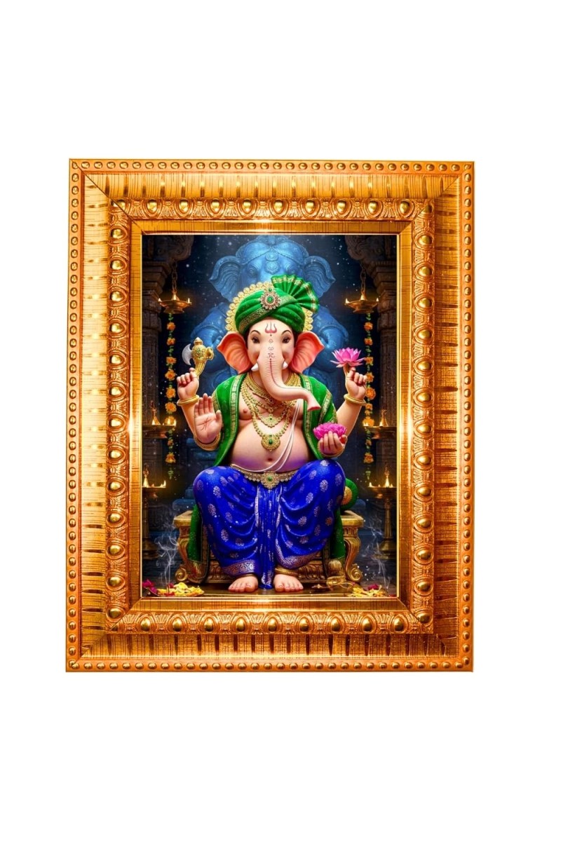 Divine Ganesha Golden Designer Photo Frame | 12x16 Inch Religious Wall Hanging Frame For Home, Office Decoration and Spiritual Gift Item (M3)