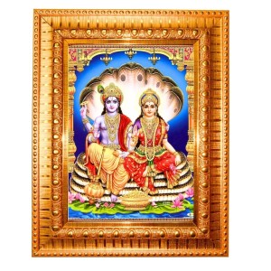 Lord Vishnu And Goddess Lakshmi Golden Designer Photo Frame | 10x14 Inch Religious Wall Hanging Frame For Home & Office Decoration | Hindu Deity Spiritual Gift Item