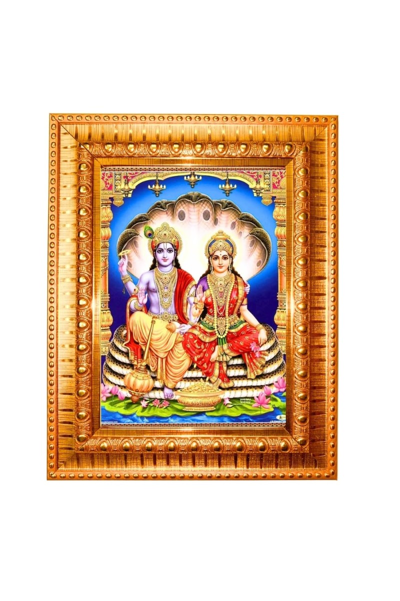 Lord Vishnu And Goddess Lakshmi Golden Designer Photo Frame | 10x14 Inch Religious Wall Hanging Frame For Home & Office Decoration | Hindu Deity Lord Vishnu And Goddess Lakshmi Spiritual Gift Item