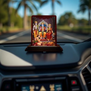 Car Desk/Table Top Lord Rama Darbar Wooden Photo Stand 3x4 Inches, Compact & Stylish Spiritual Display For Car, Home & Office (Pack Of 1) (F14294)