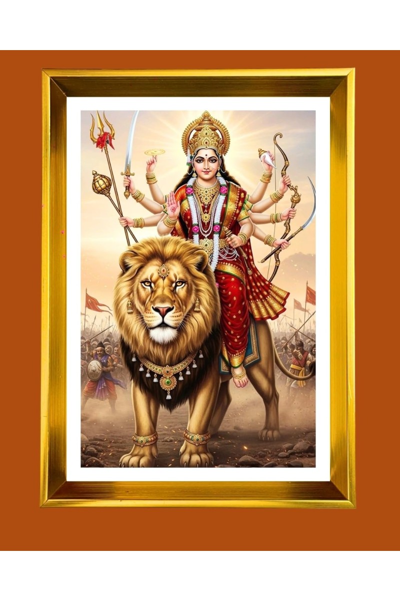 Mata Durga Golden Photo Frame - 10x14 Inches | Elegant Wooden Frame For Home, Office & Temple Decoration | Spiritual Wall & Table Decor and Gift Item