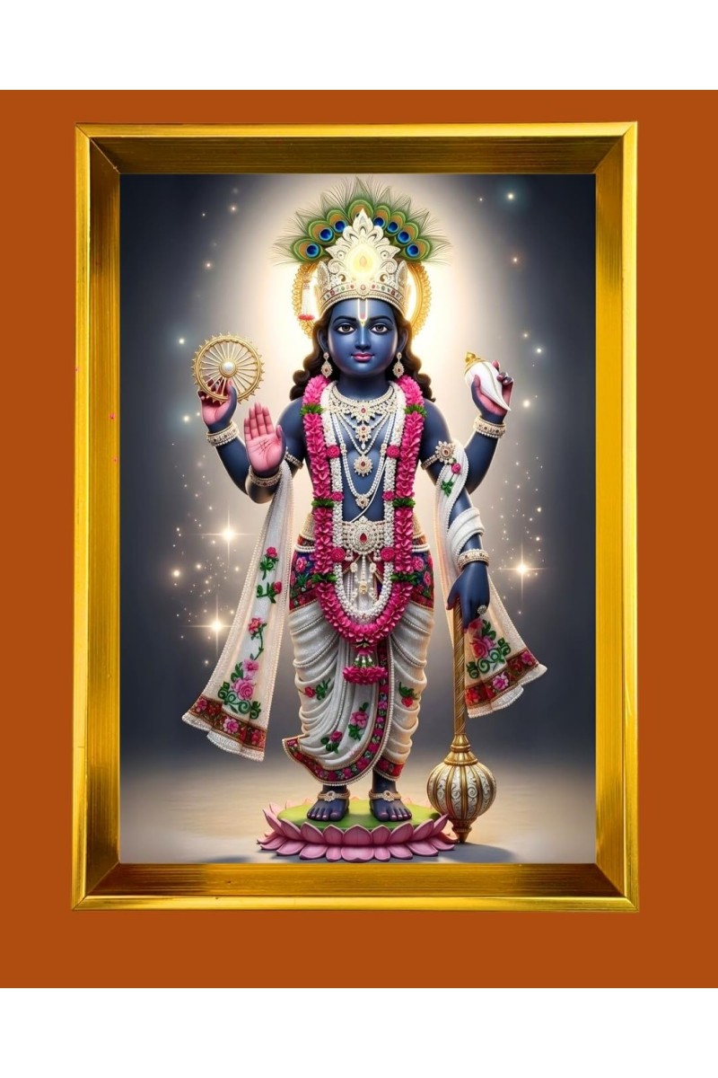 Lord Krishna Golden Photo Frame - 10x14 Inches | Elegant Wooden Frame For Home, Office & Temple Decoration | Spiritual Wall & Table Decor and Gift Item