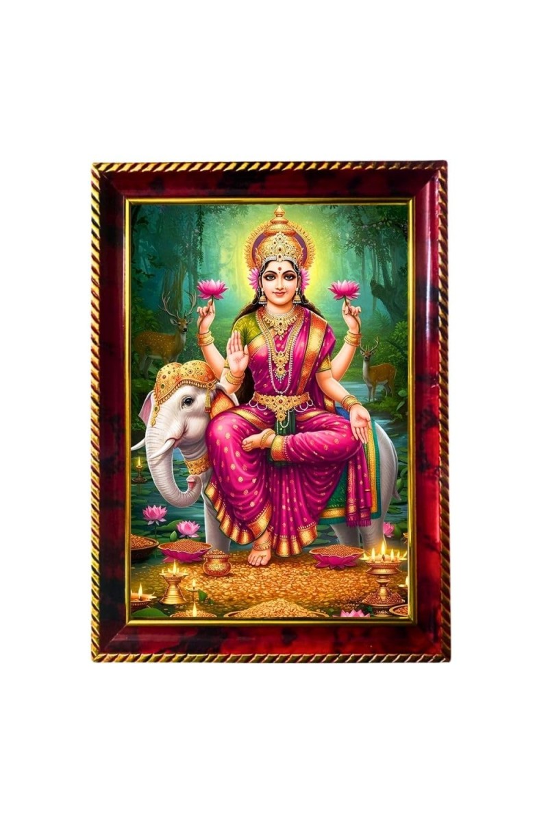 Goddess Gajalaxmi Photo Frame For Wall & Table | 7x9 Inch Golden Cherry Finish | Decorative Goddess Gajalaxmi Photo Frame For Home, Office & Pooja Room (F11709)
