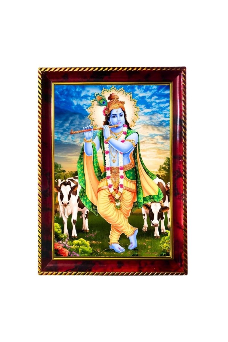 Lord Krishna Photo Frame For Wall & Table | 7x9 Inch Golden Cherry Finish | Decorative Lord Krishna Photo Frame For Home, Office & Pooja Room (F11863)