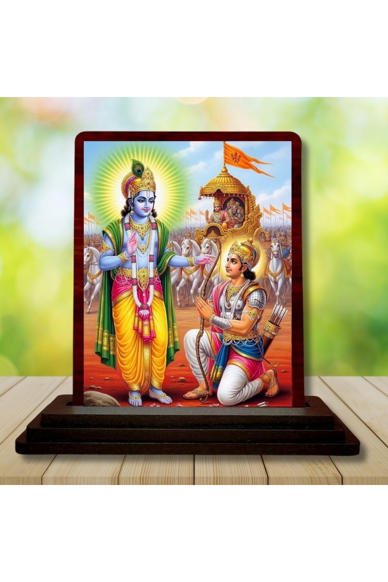 Car Desk/Table Top Lord Krishna And Arjuna Wooden Photo Stand 3x4 Inches, Compact & Stylish Spiritual Display For Car, Home & Office (Pack Of 1) (F14293)