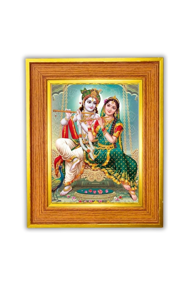 Divine Radha And Krishna Photo Frame 10x14 Inches-Brown Wooden Frame For Home, Office & Temple Decoration And Gifting (F6436)