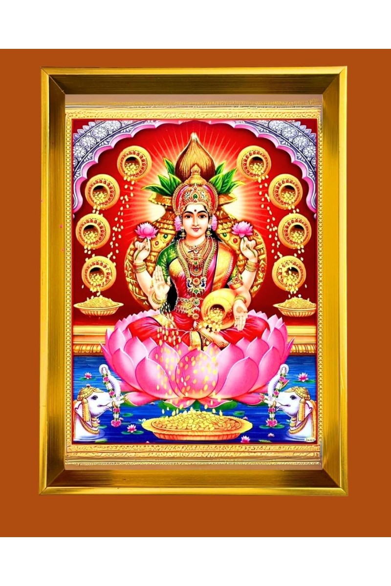 Mata Lakhsmi Golden Photo Frame - 16x20 Inches | Elegant Wooden Frame For Home, Office & Temple Decoration | Spiritual Wall & Table Decor And Gift Item (F9753)