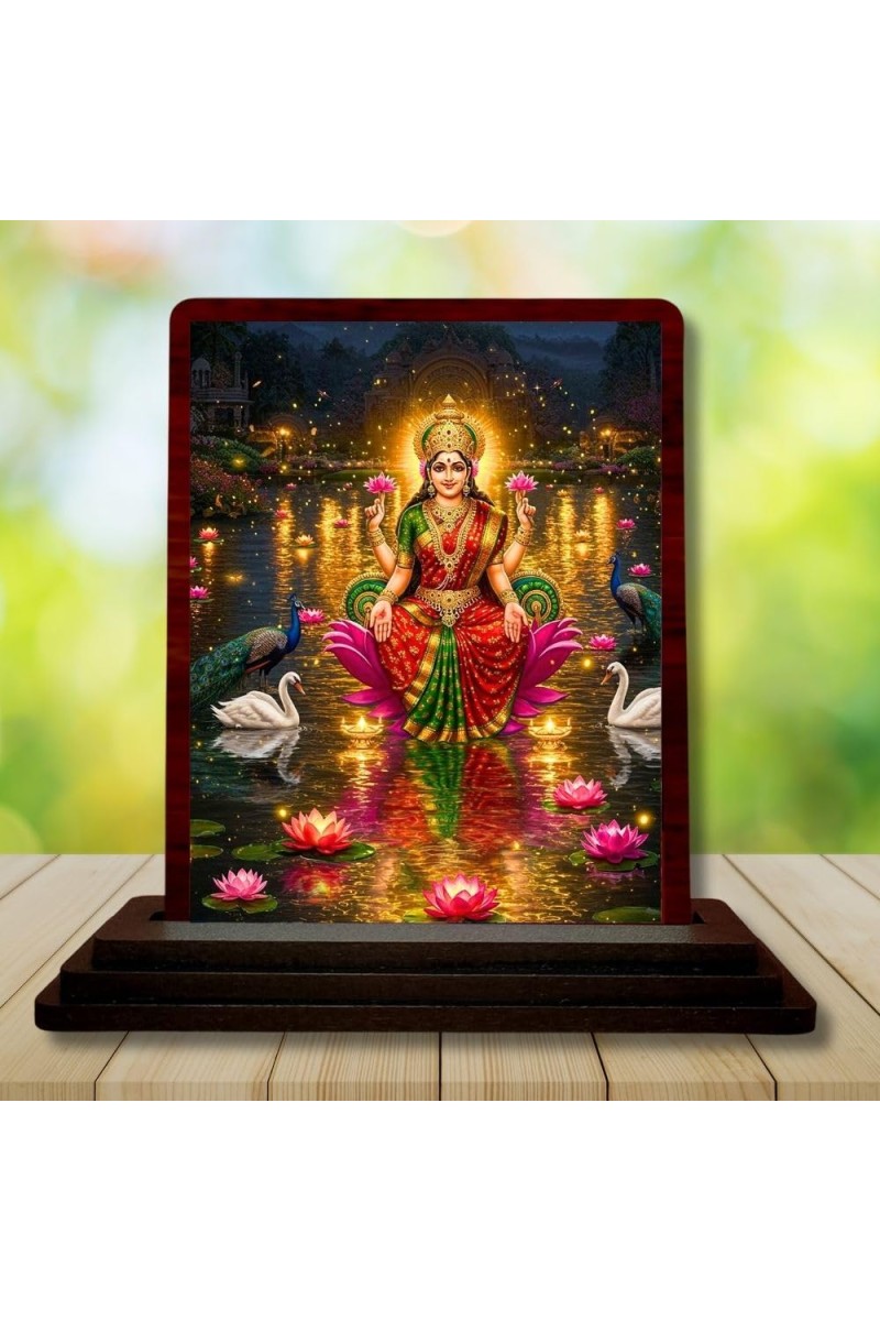 Car Desk/Table Top Goddess Lakshmi Wooden Photo Stand 3x4 Inches, Compact & Stylish Spiritual Display For Car, Home & Office (Pack Of 1) (F14377)