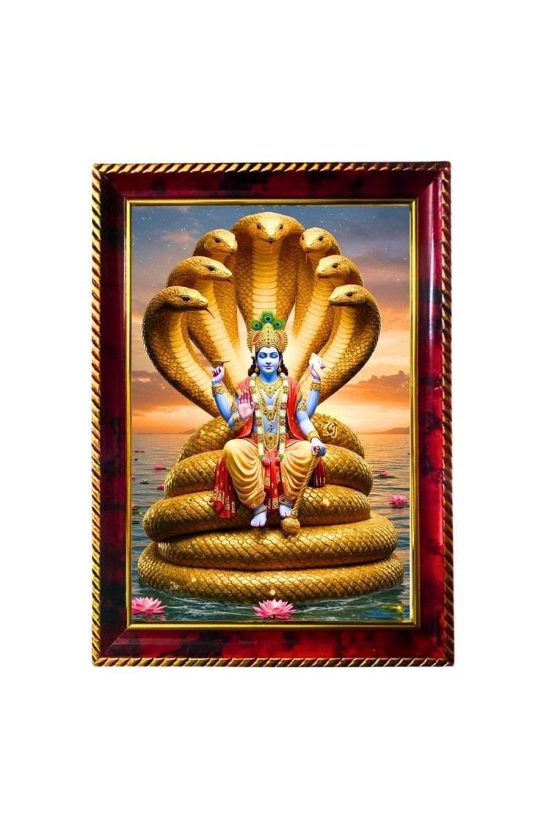Lord Vishnu Photo Frame For Wall & Table | 7x9 Inch Golden Cherry Finish | Decorative Lord Vishnu Photo Frame For Home, Office & Pooja Room (F11914)