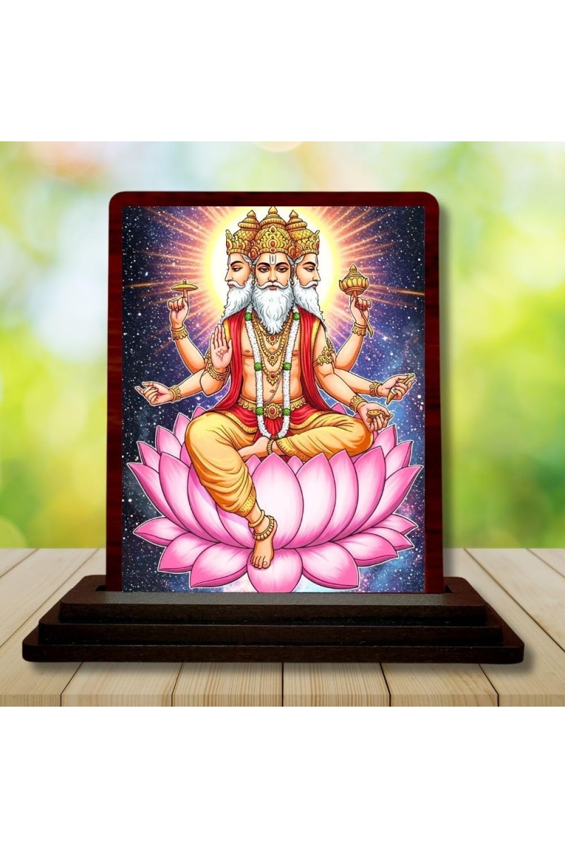 Car Desk/Table Top Lord Bramha Wooden Photo Stand 3x4 Inches, Compact & Stylish Spiritual Display For Car, Home & Office (Pack Of 1) (F14568)