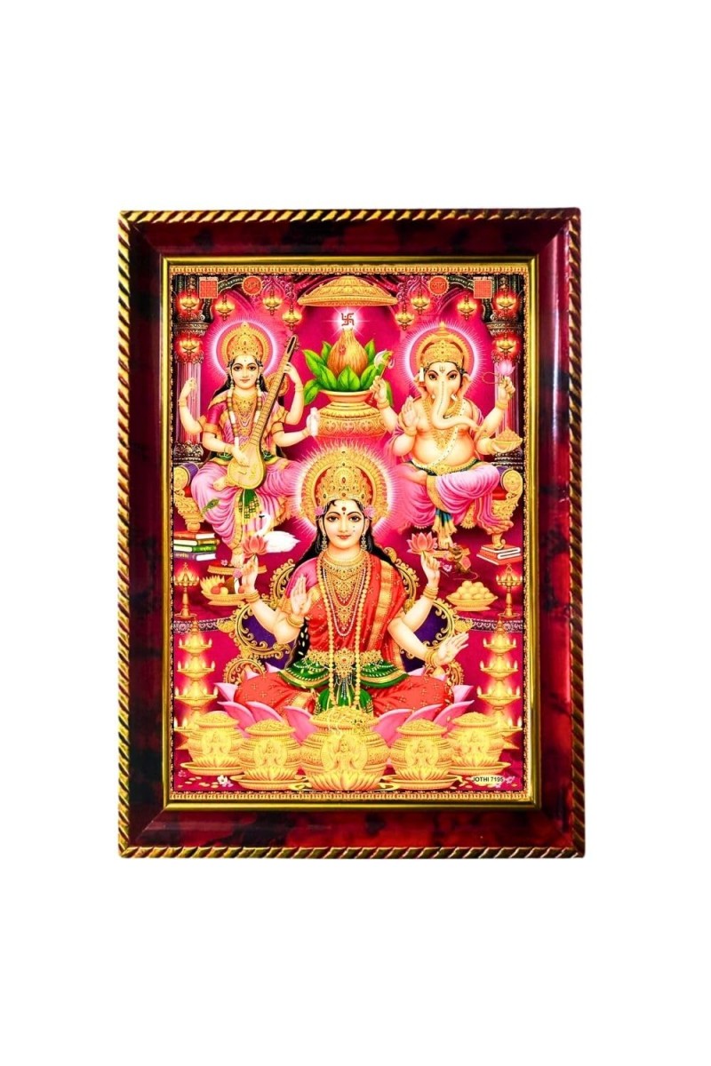 Lakshmi, Ganesha, And Saraswati Photo Frame For Wall & Table | 7x9 Inch Golden Cherry Finish | Decorative Lakshmi, Ganesha, And Saraswati Photo Frame For Home, Office & Pooja Room (F11311)