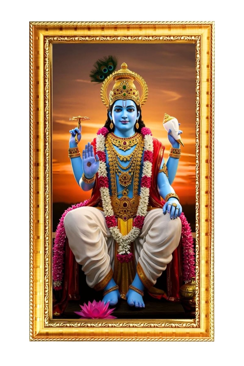 Lord Vishnu Digital Golden Color Photo Frame | Hindu Religious Wall Decor | 10x17 Inches - Inspirational Wall Art For Office, Home Decor - Ideal Spiritual Gift (F10228)