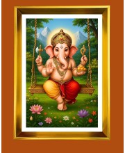 Lord Ganesha Golden Photo Frame - 10x14 Inches | Elegant Wooden Frame For Home, Office & Temple Decoration | Spiritual Wall & Table Decor and Gift Item
