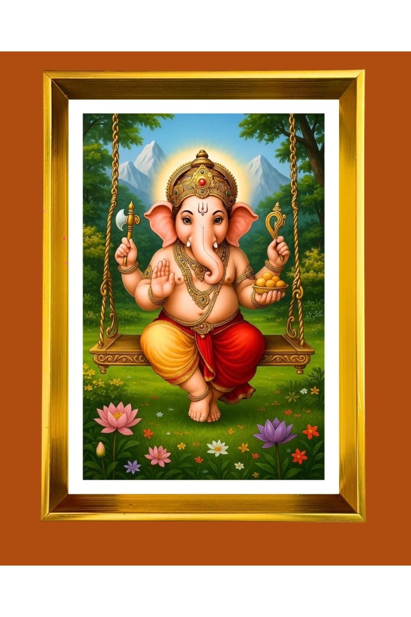 Lord Ganesha Golden Photo Frame - 10x14 Inches | Elegant Wooden Frame For Home, Office & Temple Decoration | Spiritual Wall & Table Decor and Gift Item