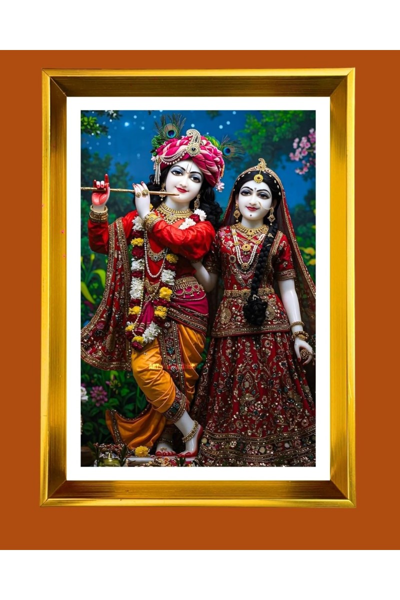 Divine Radha Krishna Golden Photo Frame - 10x14 Inches | Elegant Wooden Frame For Home, Office & Temple Decoration | Spiritual Wall & Table Decor and Gift Item