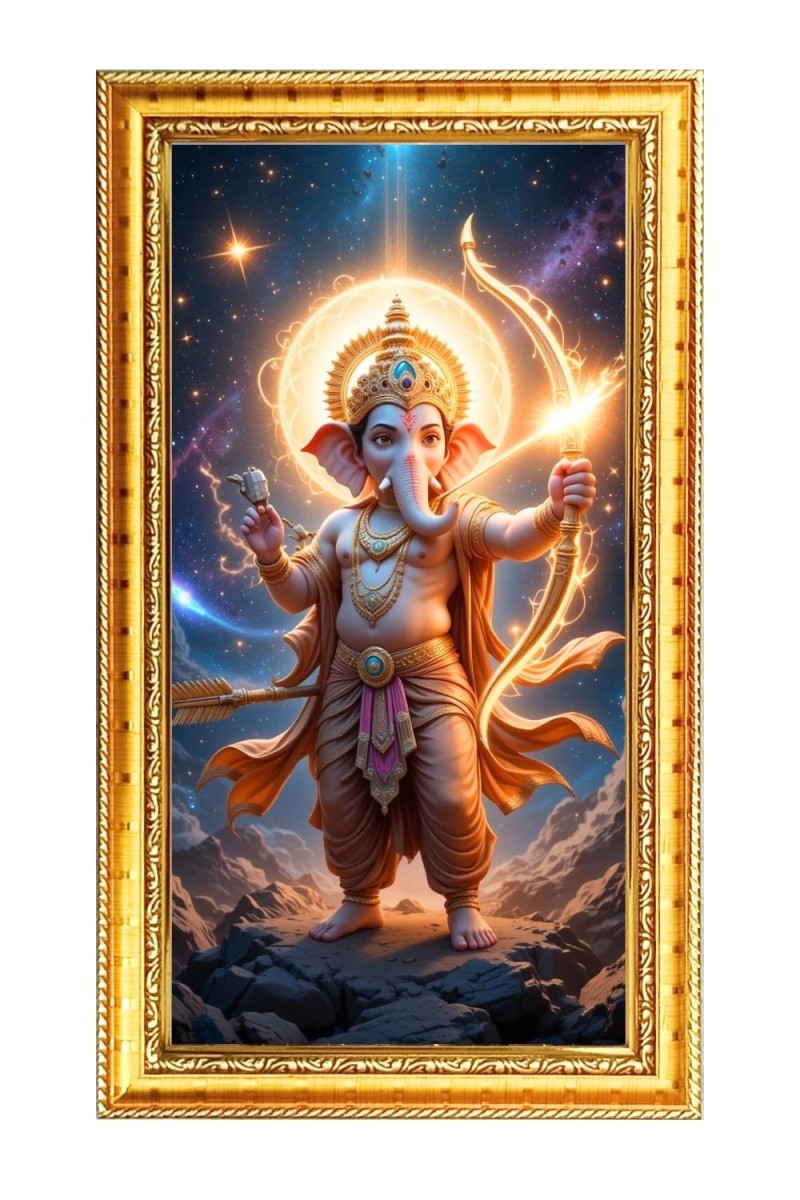 Lord Ganesh Digital Golden Color Photo Frame | Hindu Religious Wall Decor | 8x15 Inches - Inspirational Wall Art For Office, Home Decor - Ideal Spiritual Gift (F10357)