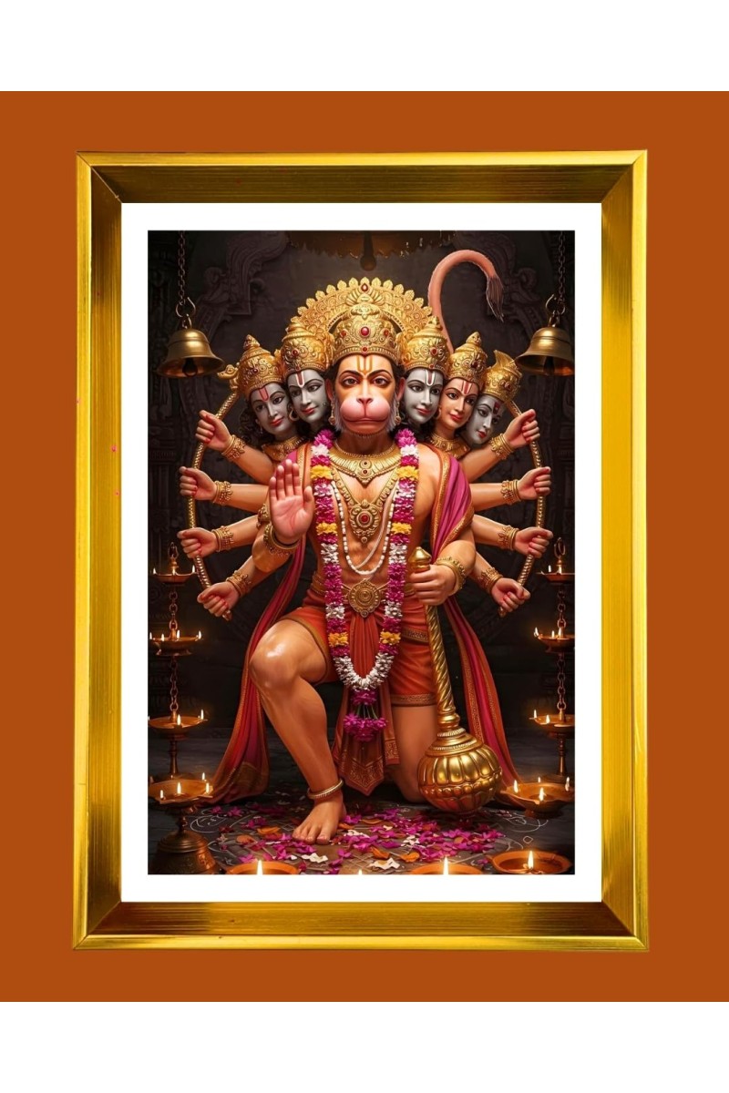 Lord Hanuman Golden Photo Frame - 10x14 Inches | Elegant Wooden Frame For Home, Office & Temple Decoration | Spiritual Wall & Table Decor and Gift Item