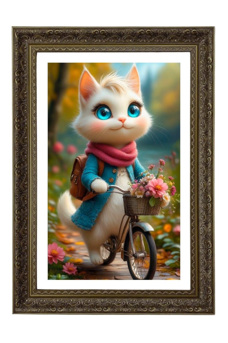 Cute, Anthropomorphic White Cat Big Photo Frame - 20x28 Inches For Home,Temple & Office Decoration (F10700)