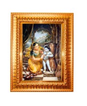 Krishna Leela Golden Designer Photo Frame | 10x14 Inch Religious Wall Hanging Frame For Home & Office Decoration | Hindu Deity Krishna Leela Spiritual Gift Item