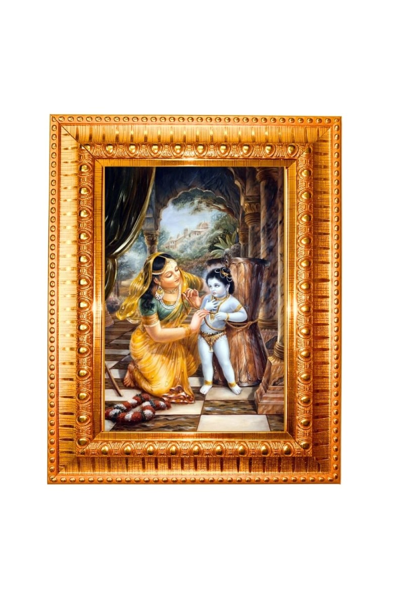 Krishna Leela Golden Designer Photo Frame | 10x14 Inch Religious Wall Hanging Frame For Home & Office Decoration | Hindu Deity Krishna Leela Spiritual Gift Item
