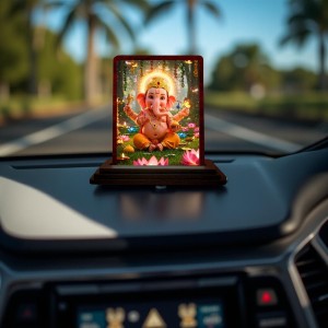 Car Desk/Table Top Lord Ganesha Wooden Photo Stand 3x4 Inches, Compact & Stylish Spiritual Display For Car, Home & Office (Pack Of 1) (F14414)