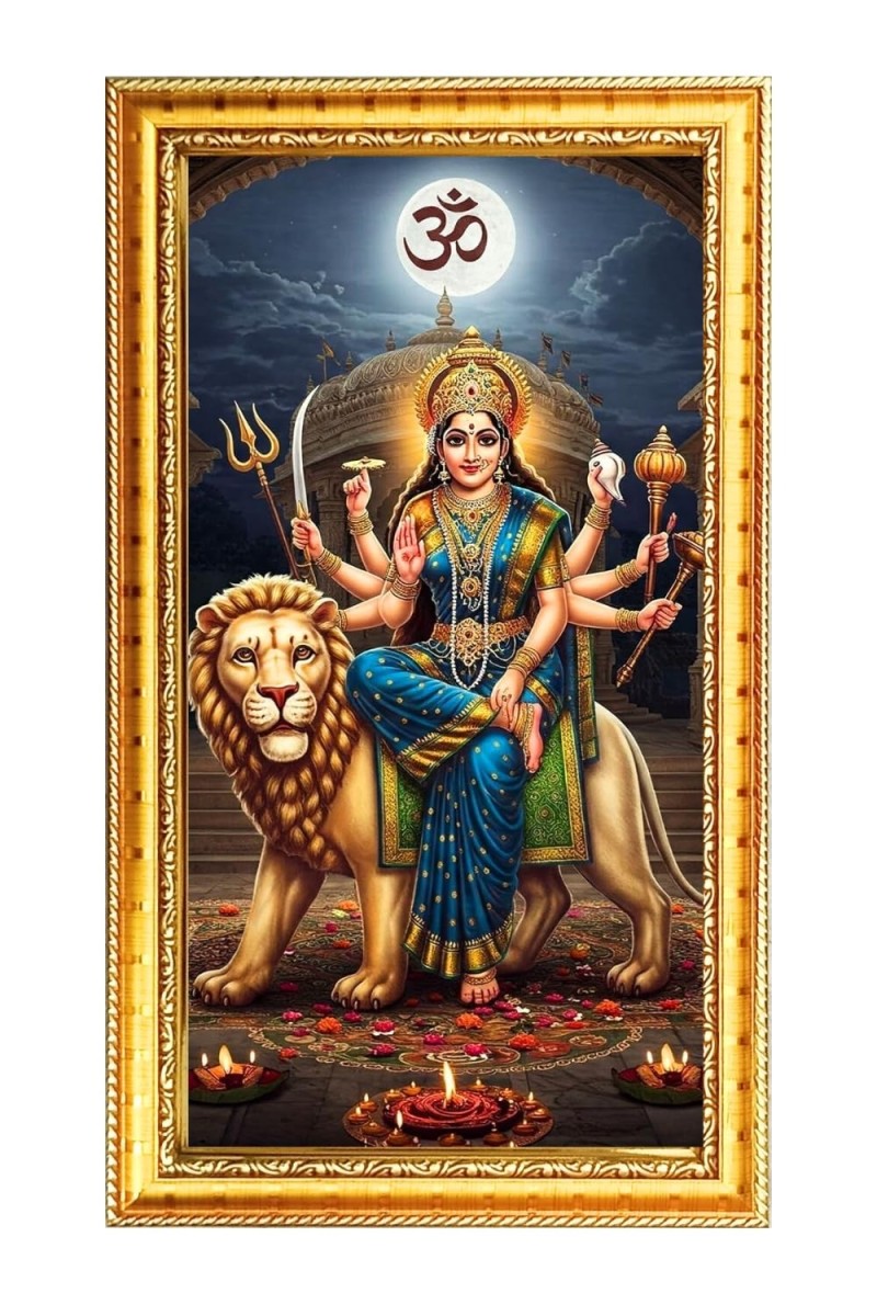 Mata Durga Digital Golden Color Photo Frame | Hindu Religious Wall Decor | 10x17 Inches - Inspirational Wall Art For Office, Home Decor - Ideal Spiritual Gift (F10232)
