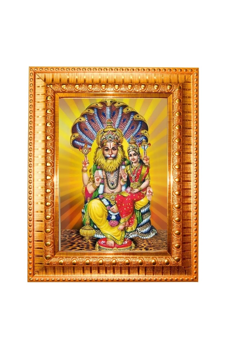 Shantharoop Bagavan Narashima Moorthi With Mahalaxmi Devi Golden Designer Photo Frame | 10x14 Inch Religious Wall Hanging Frame For Home & Office Decoration | Hindu Deity Shantharoop Bagavan Narashim
