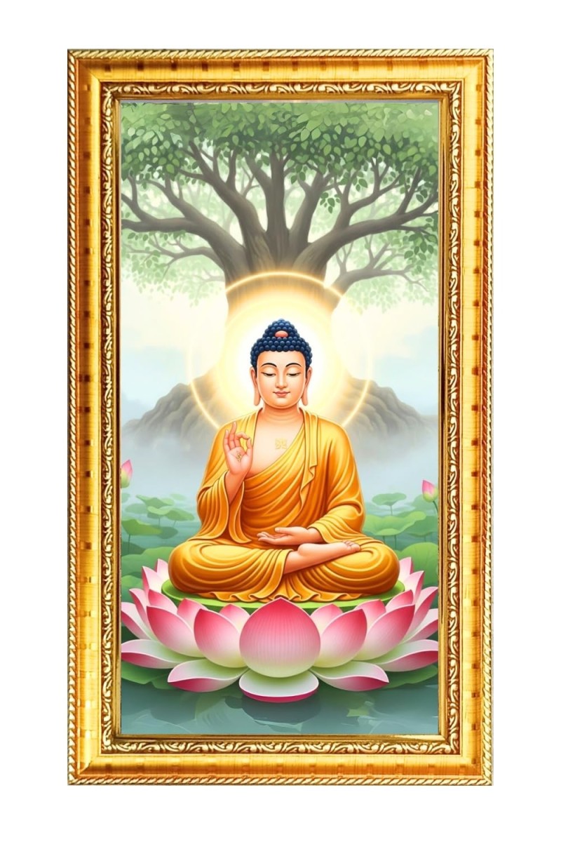 Lord Buddha Digital Golden Color Photo Frame | Hindu Religious Wall Decor | 10x17 Inches - Inspirational Wall Art For Office, Home Decor - Ideal Spiritual Gift (F10324)