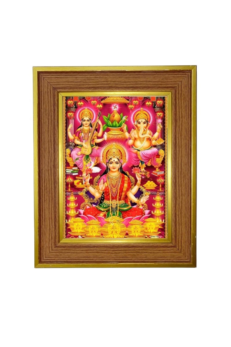Lord Lakhsmi & Ganesha Photo Frame 10x14 Inches-Brown Wooden Frame For Home, Office & Temple Decoration And Gifting (F6359)