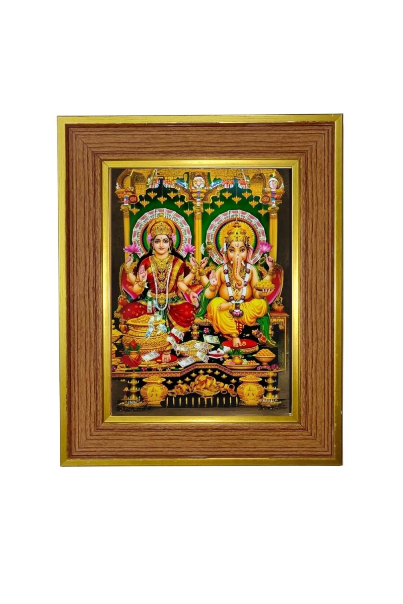 Goddess Lakhsmi And Ganesha Photo Frame 10x14 Inches-Brown Wooden Frame For Home, Office & Temple Decoration And Gifting (F6429)